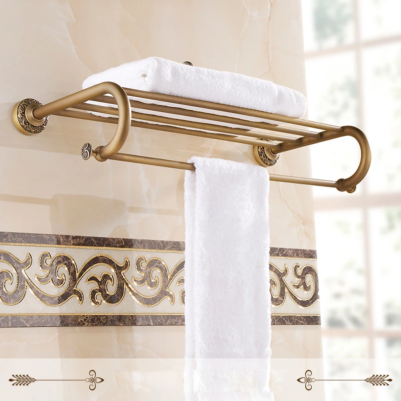 Luxury Bathroom Wall Mounted Brass Bath Towel Shelf Antique Style Towel Rack with Towel Bar Bathroom Accessory