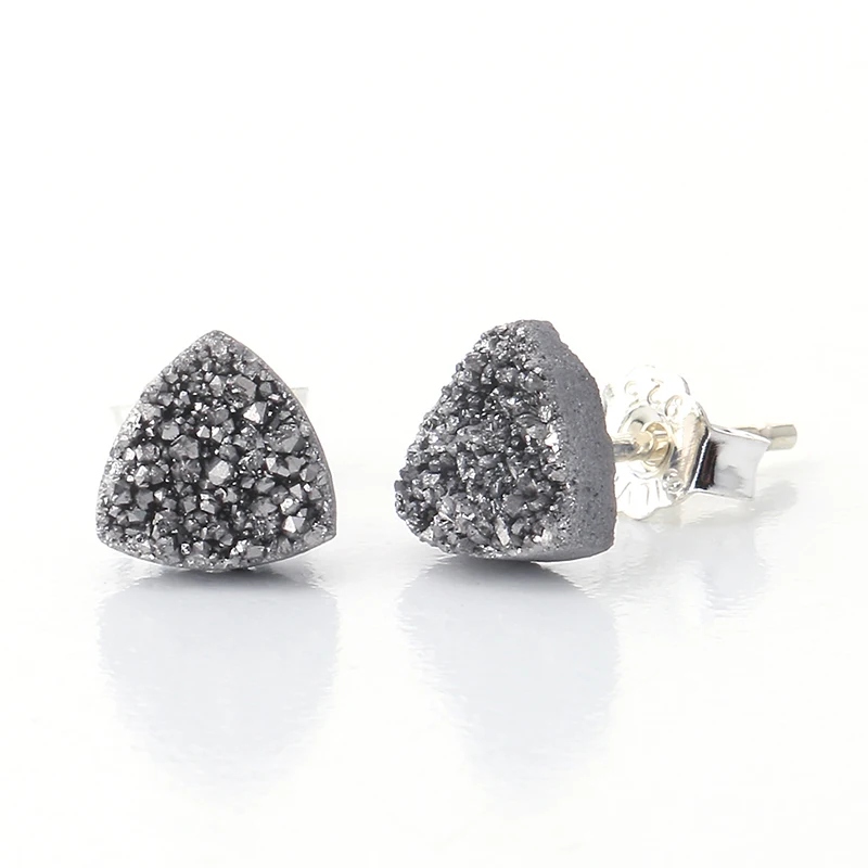 2017 New 925 Sterling-Silver-Jewelry Natural Quartz Druzy Stone Stud Earring handcrafted Square Triangle Fashion Jewelry