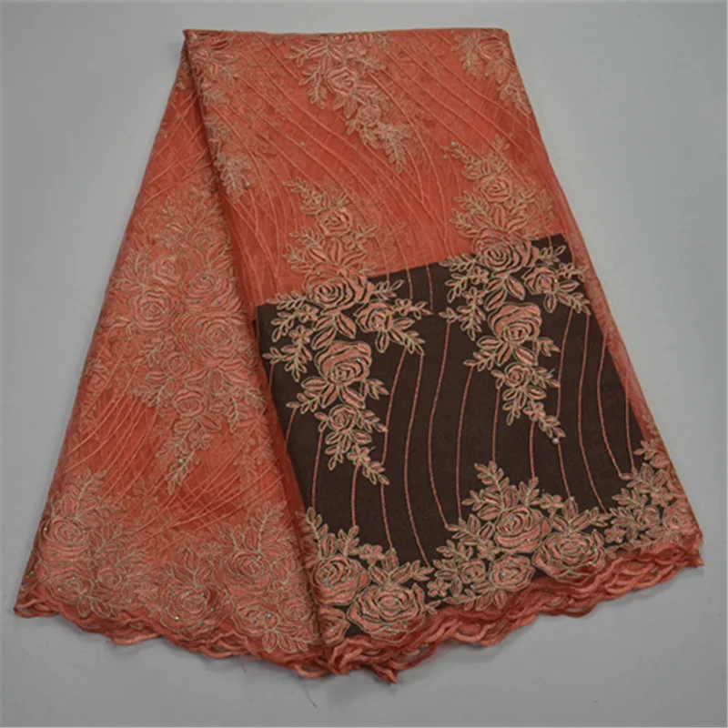 2018 Peach Color Embroidery French Net Lace Nigerian Tulle Mesh Lace Fabric Wedding Used For