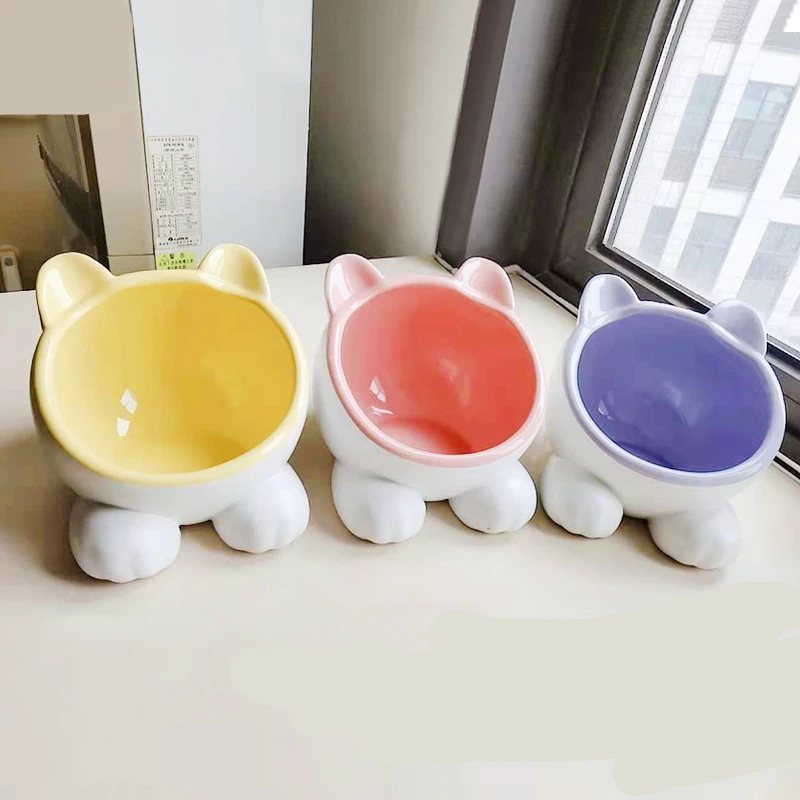 

2019 New Tilted Elevated Ceramic Pet Bowl Cute Cat Head Modeling Food and Water Bowl for Kitty and Little Dogs Dog Feeding