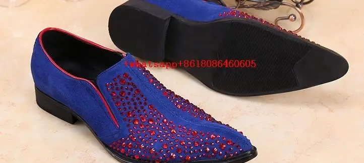 Мужские модельные туфли в европейском стиле со стразами; синие мужские бархатные лоферы с острым носком; обувь для вечеринок - Цвет: as picture