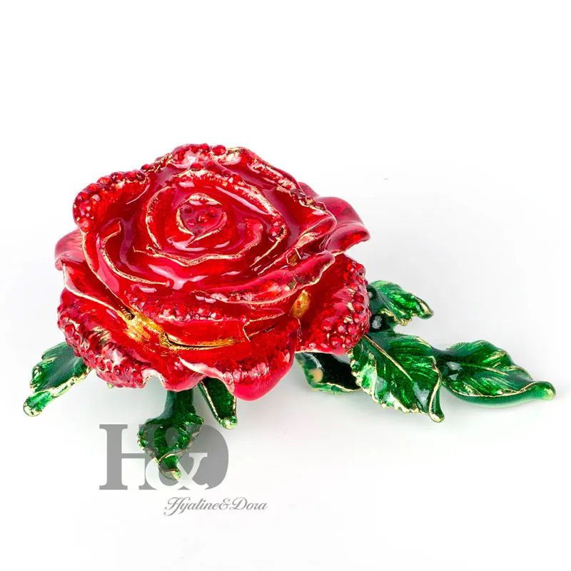 

H&D Hand Painted Red Rose Jewelry Holder Box with Elegant Crystals Decorative Rose Figurine Jewelry Holder for Luxury Xmas Gifts