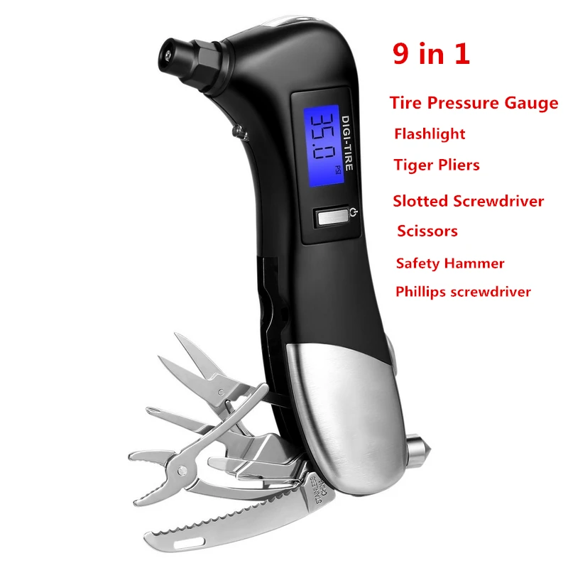 

9 in 1 Digital Car Tire Pressure Gauge Flashlight Tiger Pliers Slotted Screwdriver Scissors Safety Hammer Auto Motorcycle Tyre