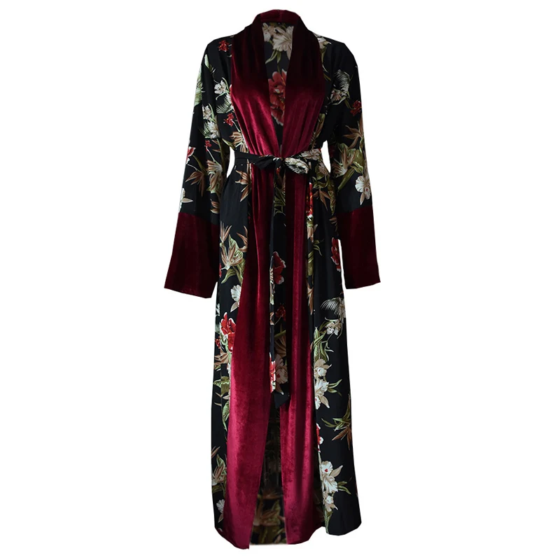 Plus Size Spring Velvet Abaya Kimono Kaftan Dubai Arabic Islam Women Floral Cardigan Muslim Hijab Dress Turkish Islamic Clothing