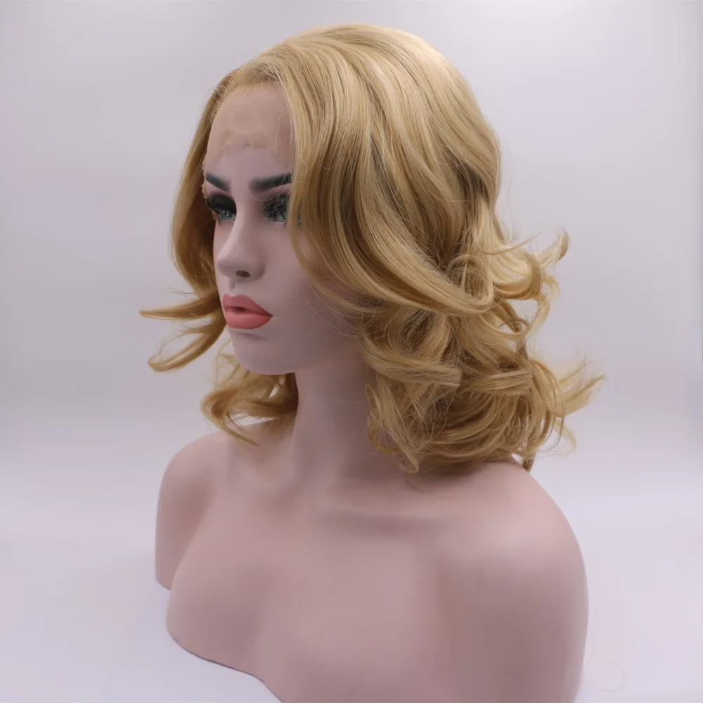 

Marquesha Natural Looking Half Hand Tied Heat Resistant Fiber Honey Blonde Wavy Bob Synthetic Lace Front Wig For Women