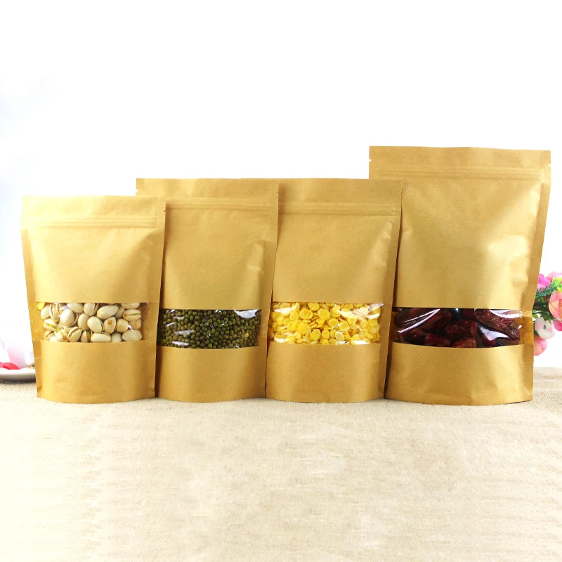 

100pcs/lot chocolate bags, 9*13cm stand up Kraft paper zip lock bag with window-color bead packing pouch reusable