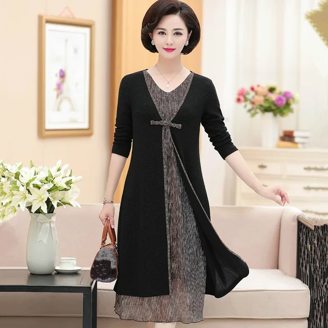 Middle Aged Women Dress 2019 Spring Autumn Elegant V neck Long Sleeve