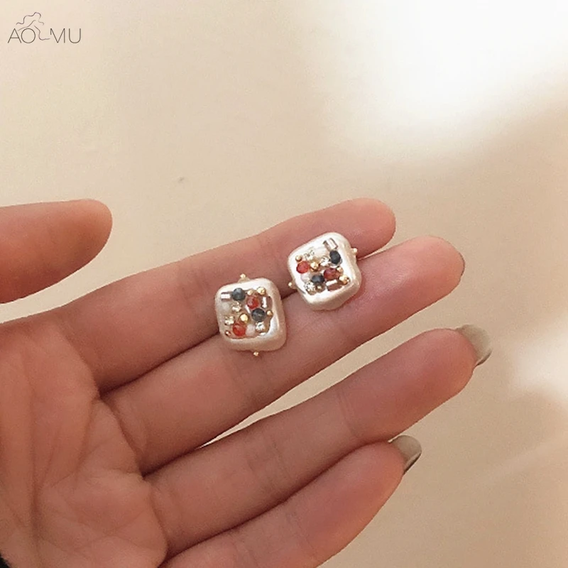 

AOMU Sweet S925 Sterling Silver Pin Natural Pearl Square Color Beads Stud Earrings for Women Girl Party Jewelry Gift Accessories