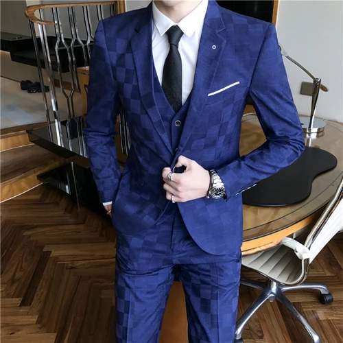Мужские клетчатые костюмы с узором, костюм из 3 предметов, Homme Mariage, синий, 3 цвета, мужской облегающий костюм, деловые мужские костюмы - Цвет: Синий