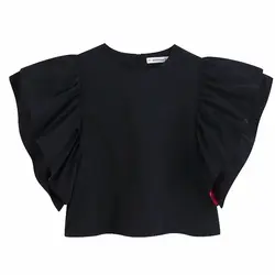 2019 осенние женские повседневные свободные блузки с круглым вырезом и расклешенными рукавами, женские свободные рубашки с оборками черного
