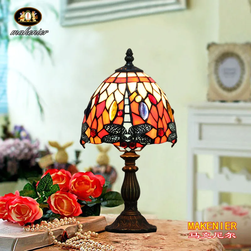 

Makenier Vintage Tiffany Style Stained Glass Bedroom Bedside Corner Table Desk Red Dragonfly Small Lamp, 7 Inches Lampshade