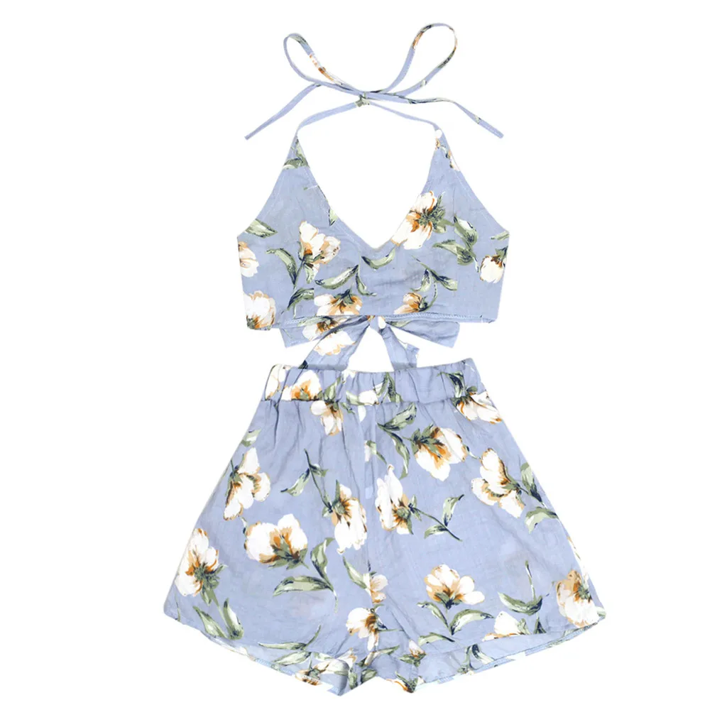 

Summer Two Piece Set Women Floral Print Tracksuit Women Blue Sexy Shorts Set Vintage Halter Womens Two Piece Outfits 2019
