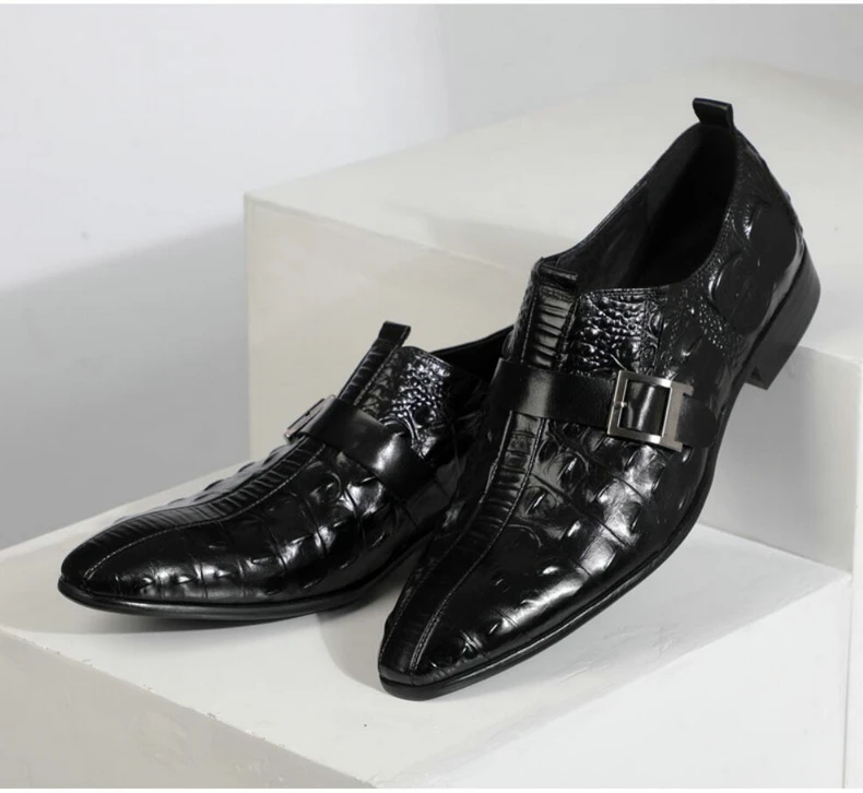 Casual Men Shoes Leather Red Formal Brogue Shoe Buckle Emboss Crocodile Genuine Leathers Mens Loafers Leather Dress Wedding Shoes (10)