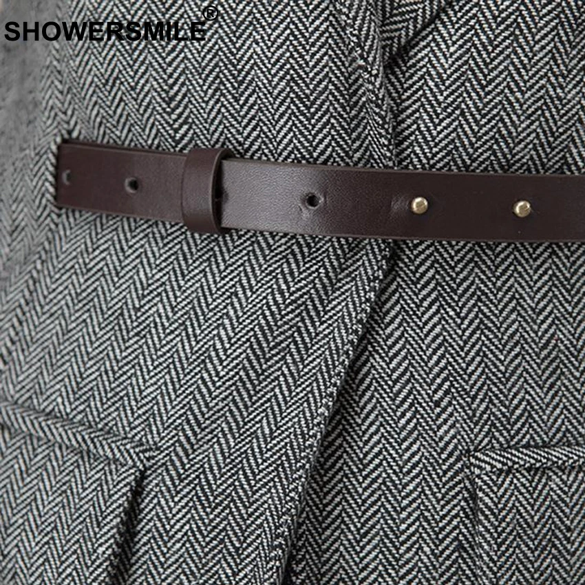 SHOWERSMILE Women Long Woolen Suit Vest Coffee Female Sleeveless Jacket Coat Herringbone British Style Waistcoat With Belt 2018