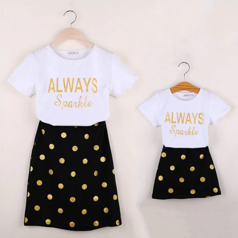 

Mother Daughter Dress+tshirt 2pcs Sets Europe&America Spot Prints Cotton Family Matching Suits Women Mum Baby Girls Clothes