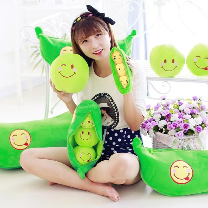 25CM Baby Green Pea Plant Beans Plush Toys for Kids 3 Cute Smile Balls With Bag Plush Stuffed Toys Girls Boys Toys Random Send