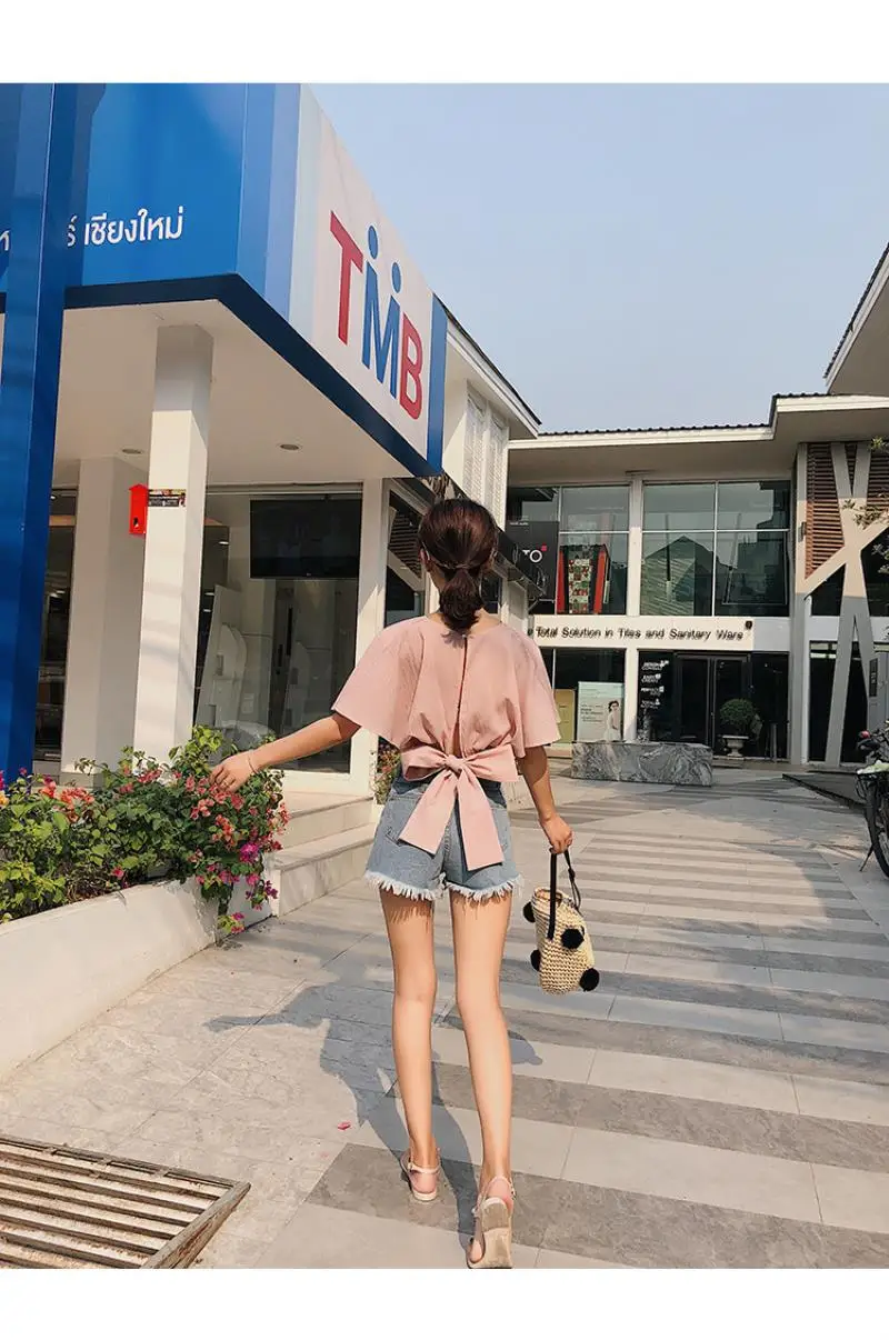 2018 summer women short flare sleeve short top sexy wrap v neck blouse female vacation lace up bow tie crop shirt top