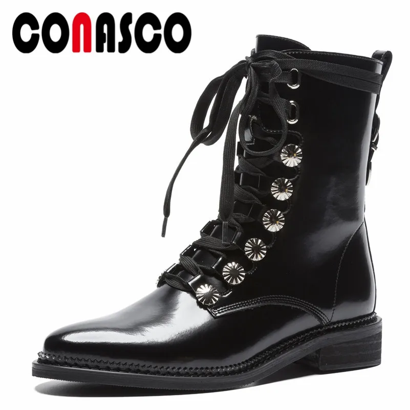 

CONASCO 1Fashion Women Ankle Boots Patent Leather Autumne Winter Warm Square Heels Shoes Woman Cross-tied Punk Motorcycle Boots