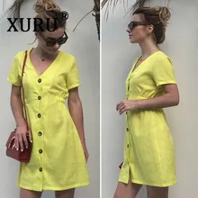 XURU summer fashion new women's dress solid color V-neck slim single-row button dress XURU summer fashion new women's dress solid color V-neck slim single-row button dress