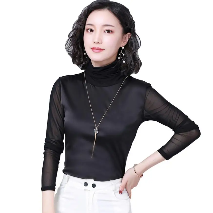 

2019 100% Pure Silk Women's Long sleeve T-shirts Fashion Women Mesh Silk Female High Collar Solid Woman Tee black Shirt Tops