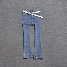 Европейский станция осень г. европейский тонкие бриллианты стрейч брюки для девочек девять микро брюки, джинсы с яркой отделкой