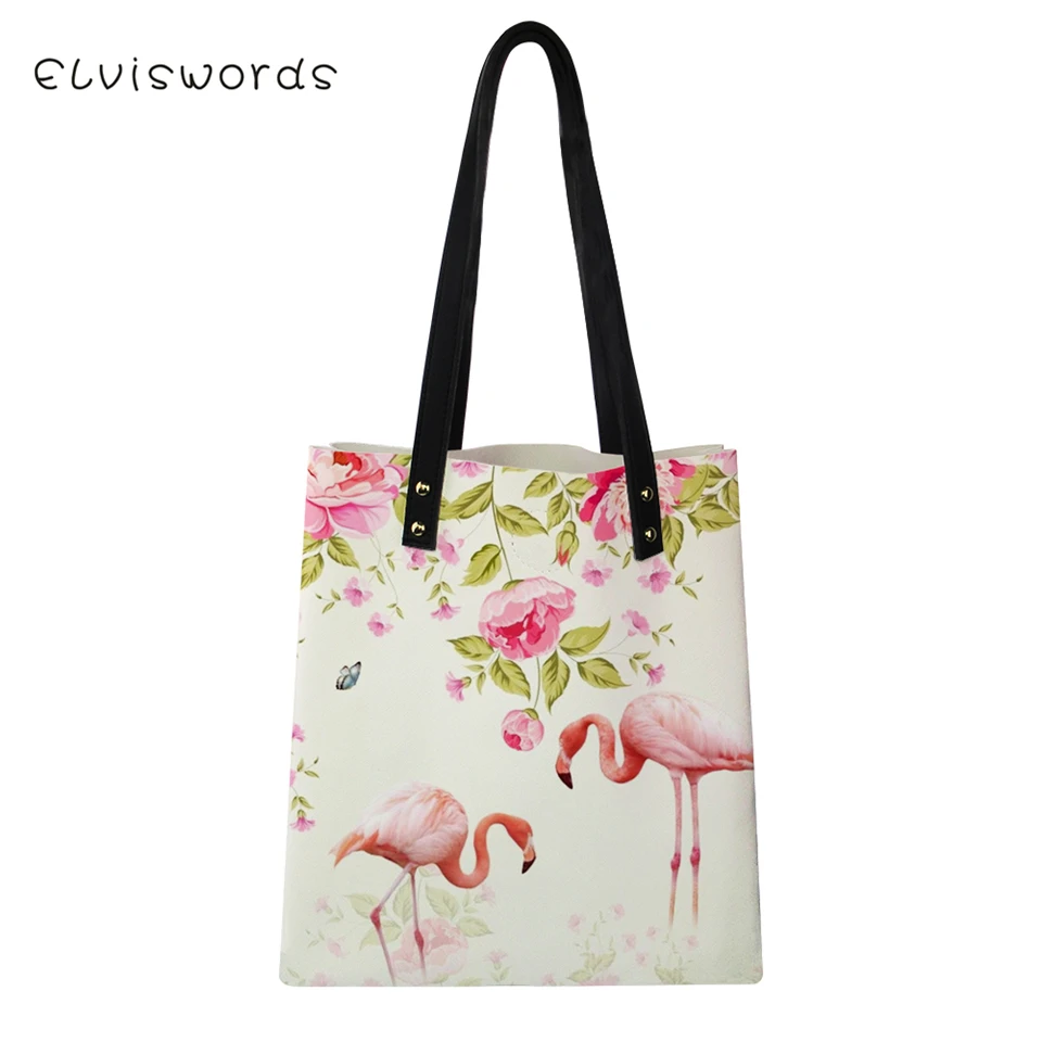 

ELVISWORDS Fashion Women's PU Top-handle Bags Flamingos Painting Pattern Lady Handbags Kawaii Animal Design Girls Totes Bags