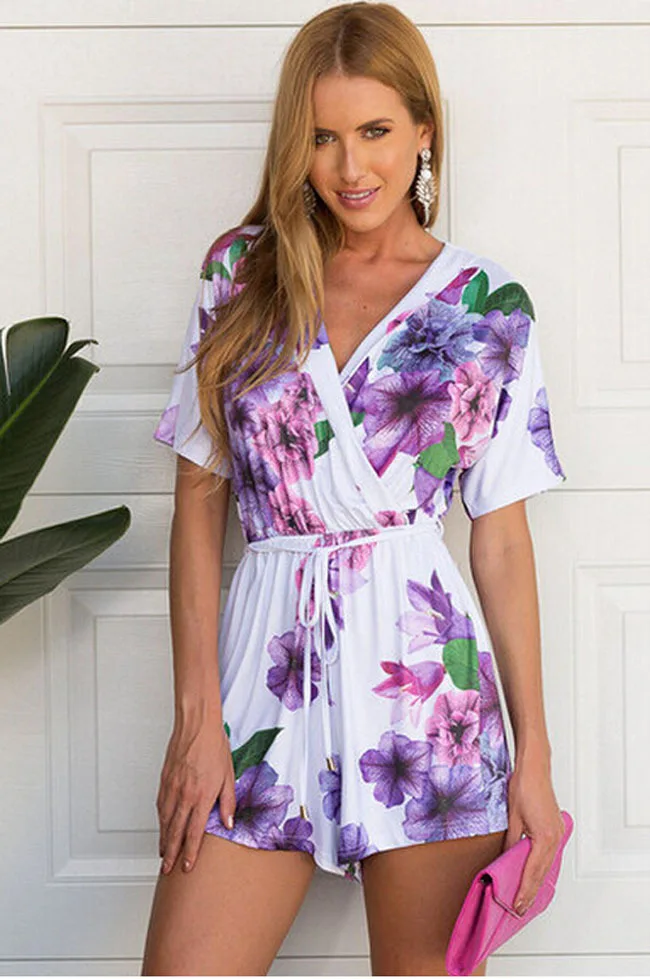purple and white romper