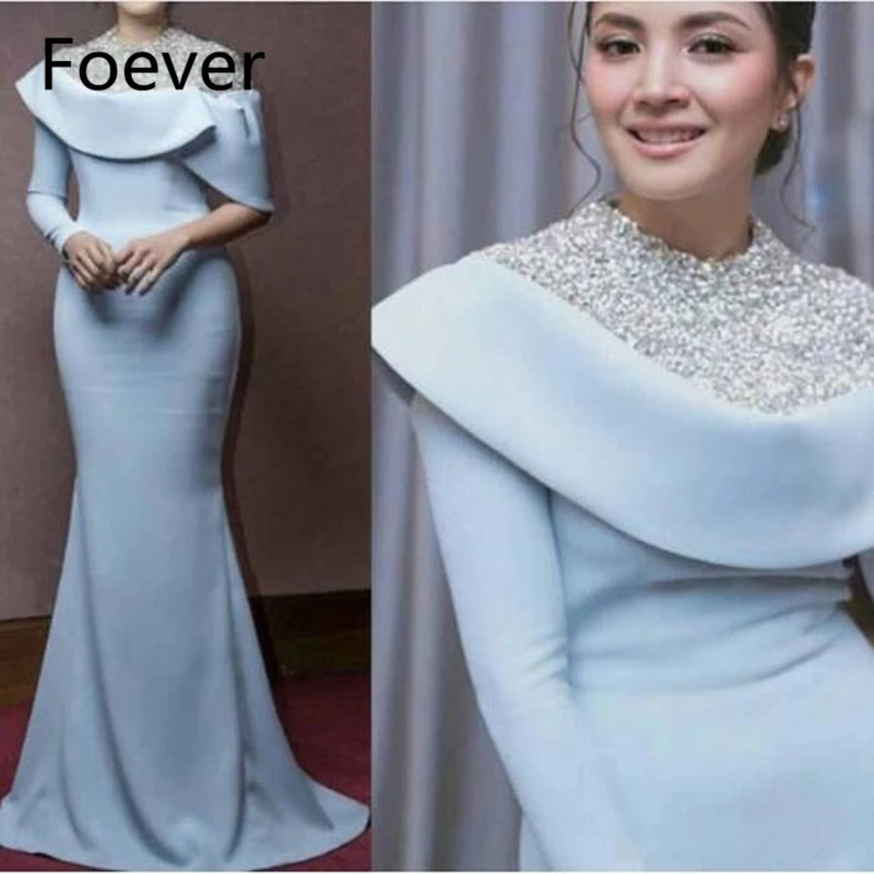 ball gown One Long Sleeve Bridesmaid Dresses 2019 Muslim Abendkleider Dubai Long Sleeve Formal Dress Crystal Mermaid Arabic formal evening gowns