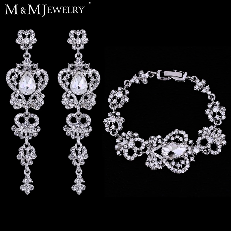Luxury Silver Crystal Bridal Jewelry Sets for Women Wedding Earrings Bracelets African Beads Jewelry Sets EH163+SL026