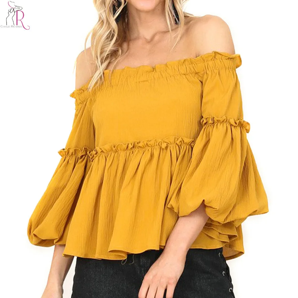 Yellow Off Shoulder Ruffle Hem Blouse Women Puff Three Quarter Sleeve