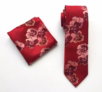 

New Design Gentlemen Unique Floral Necktie Set Red Embroidered Flowers Tie with Handkerchief