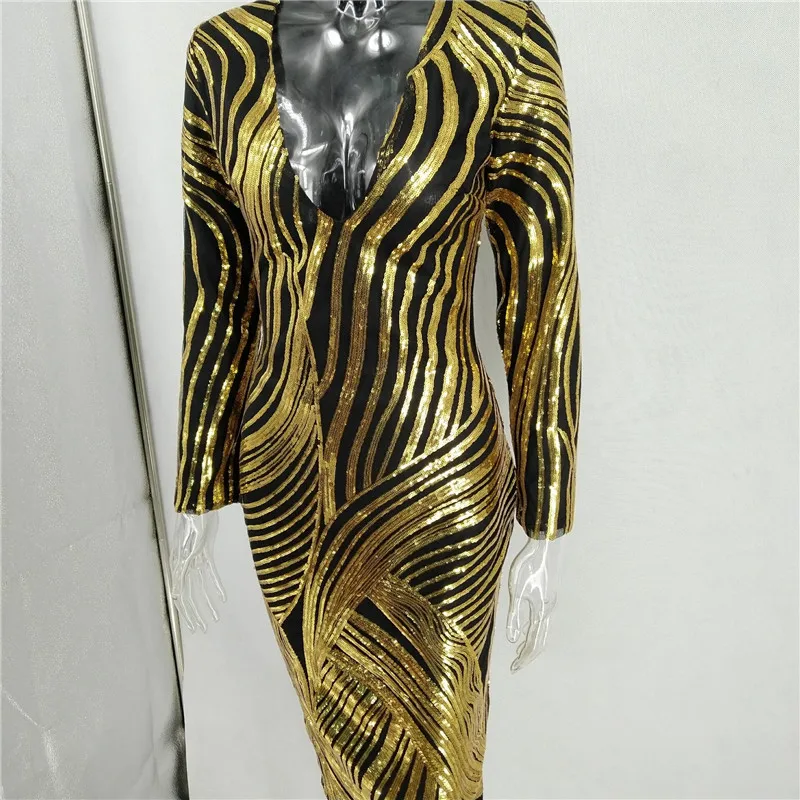 Геометрическое Золотое черное платье с пайетками, женское сексуальное вечернее платье с v-образным вырезом, зимнее платье с блестками и длинным рукавом, шикарные платья миди для ночного клуба