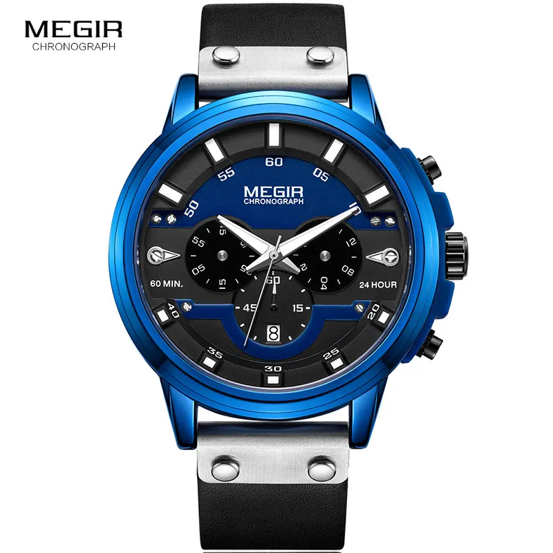 MEGIR Новые мужские кварцевые часы с хронографом Relogios Masculino с кожаным ремешком военные спортивные наручные часы 2080 синий