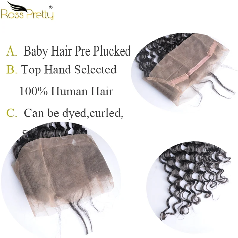 Ross Pretty Brazilian Remy Hair Deep Wave 360 frontal Pre Plucked with Baby Hair Style Natural Black Human Hair lace front 360
