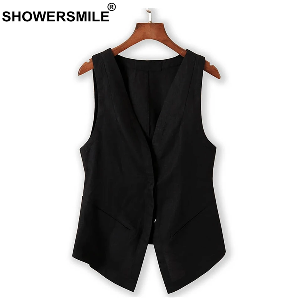 SHOWERSMILE Linen Vest Woman Black Slim Fit Vest Waistcoat Female Office Wear Casual Elegant Autumn Sleeveless Jacket Fashion