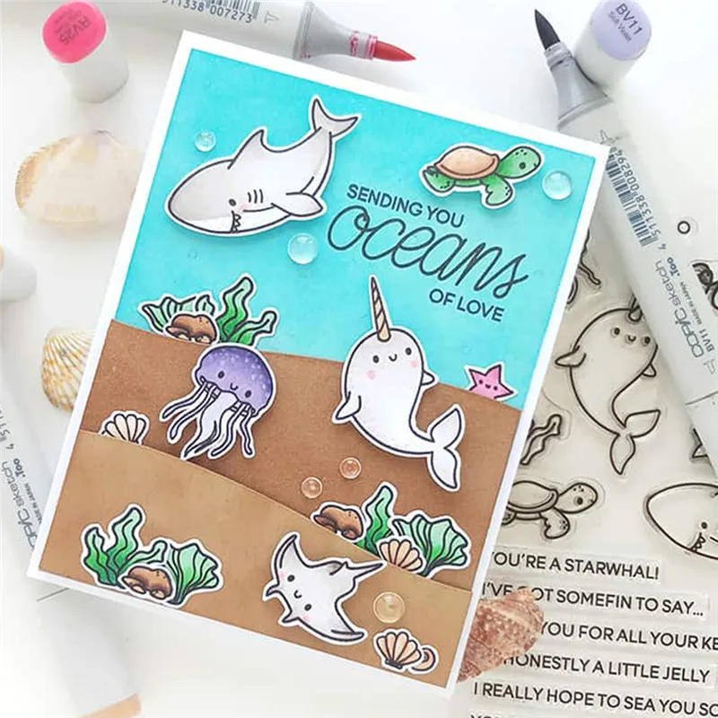 

Julyarts Dies Oceans and Stamps Set for Card Making Metal Cutting Dies Animals Stamp Clear Scrapbooking Embossing Die Cut