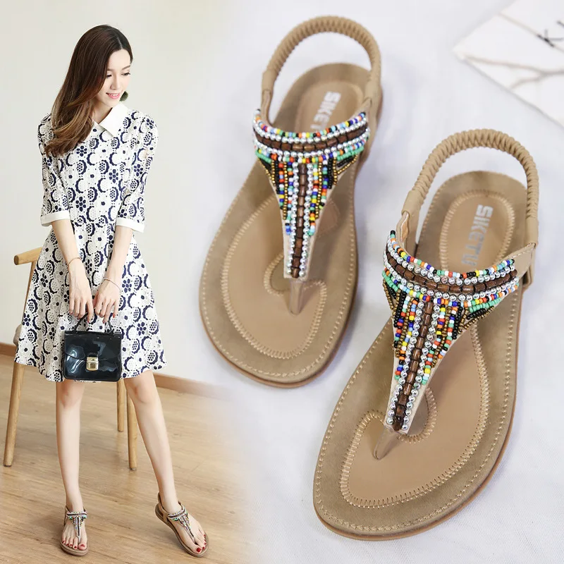 

2019 women's shoes summer national wind female sandals bohemian casual fashion wind beaded large size beach flat women's shoes