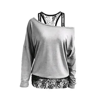 

Trendy Women clothes Long Sleeve pullover Geometry Shirts Casual one shoulder Lace Polyester Blouses one pieces