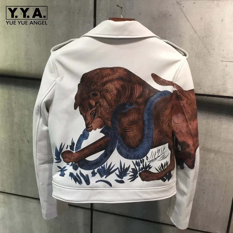 

Italy Top Brand Women Luxury Goatskin Genuine Leather Jacket Lion Snake Printed White Short Coat Gothic Motor Windbreaker Jacket