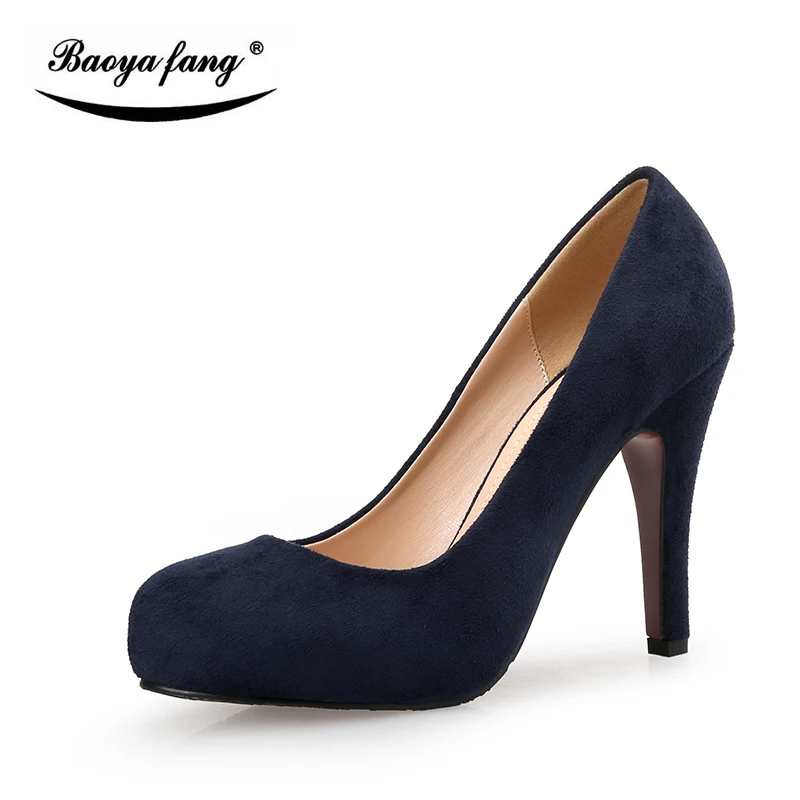 

BaoYaFang Round Toe High heels Ladies Pumps Flock womens wedding shoes Red sole Thin heel High shoes woman Office shoes