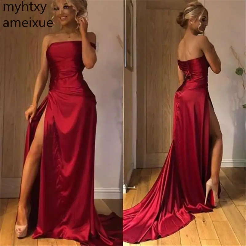 

Red Evening Dresses Strapless Sleeveless A-Line Side Slit Satin Sexy Plus Size Evening Gown Dresses For Women Robe De Soiree