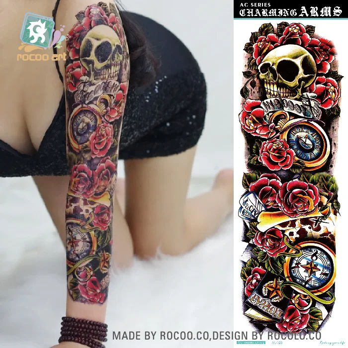 

AC-023/2016 Non-Toxic Flower Super Big Tattoos Sticker Fake Horror Skull Gun Full Arm Temporary Body Tattoo For Women