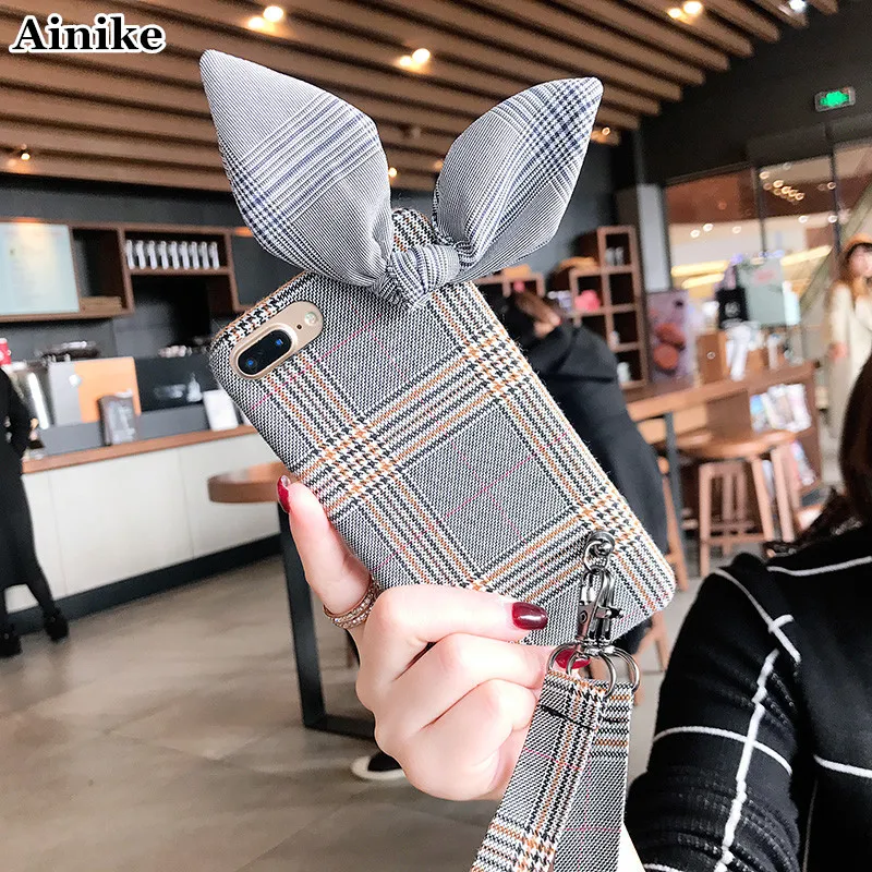 

Ainike Bowknot Soft Case for iPhone 6s 6plus 7plus Hybrid Case England Grid Lattice Cover For iPhone X 8 XR XS Max With Strap