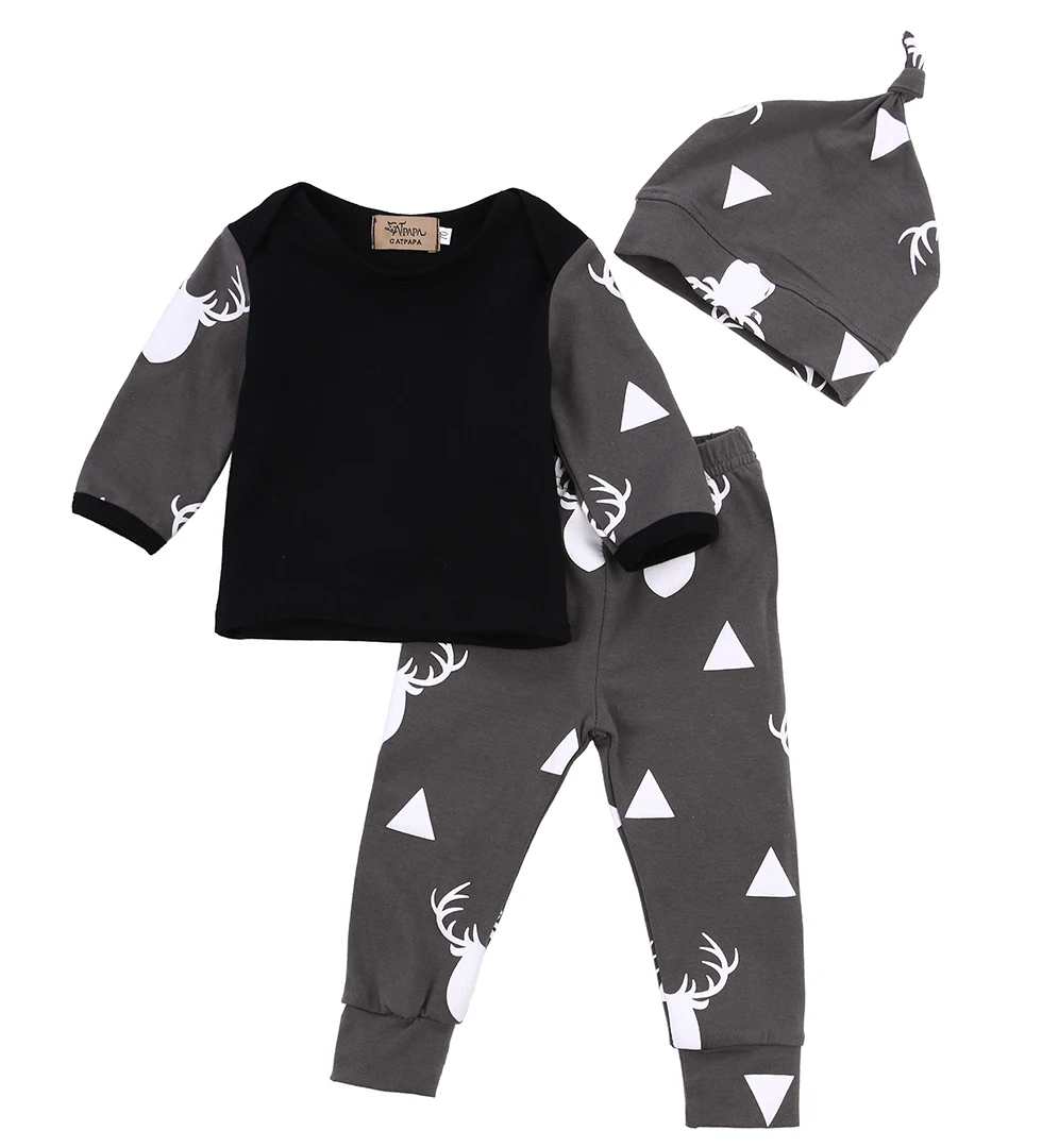 Одежда для новорожденных мальчиков хлопковая футболка с длинными рукавами и рисунком оленя+ длинные штаны, леггинсы+ шапка, комплект осенней одежды из 3 предметов для детей 0-24 месяцев - Цвет: Серый