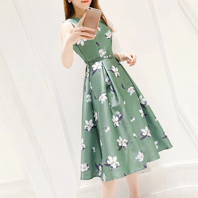 

2019 Elegant Women A-Line Dress Floral Printed Ball Gown Ladies Party Long Sleeveless Dress