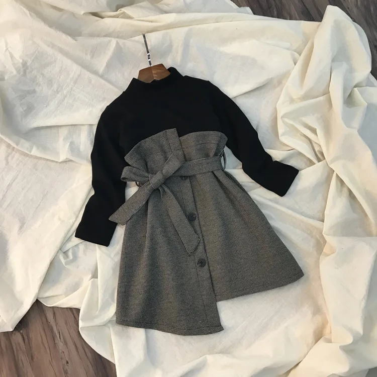 

New Whiter Kids Girls Fleece Dress England Style Button Striped Dress Fashion Cutting Children Asymmetrical Clothing