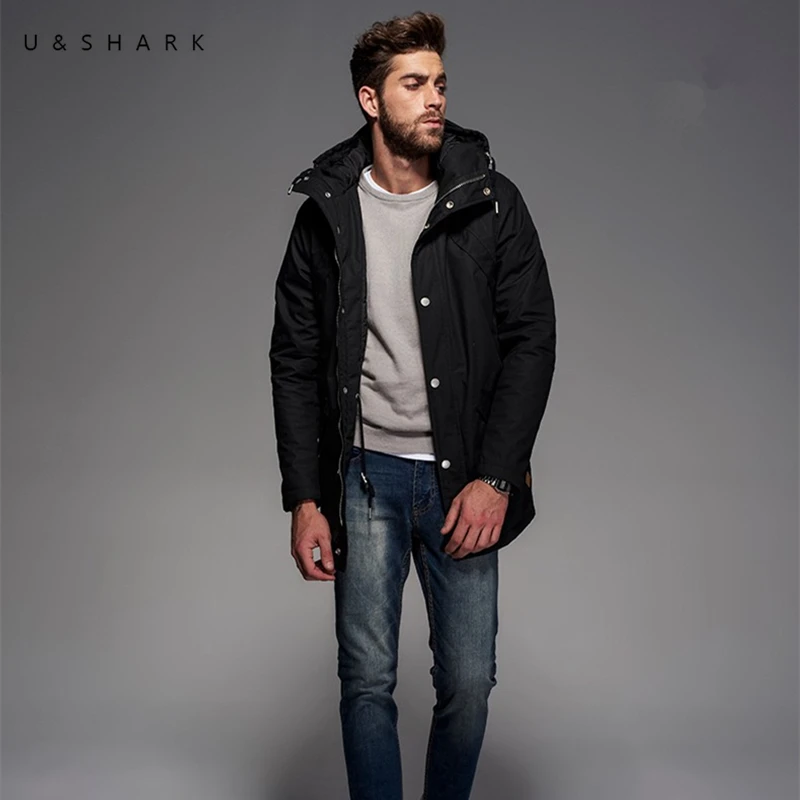 U & SHARK Осень зима черная парка с длинным капюшоном мужской Тренч высокое качество