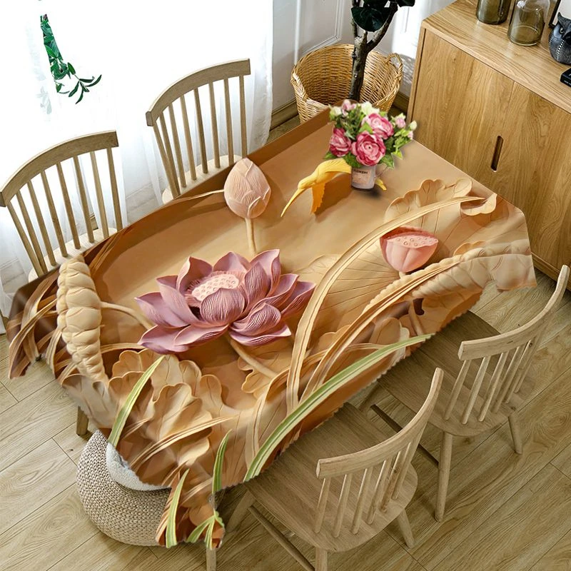 

Lotus Flying Bird Tablecloth Chinese Style Wallflower Lotus Leaf Pattern Washable Thicken Rectangular Table Cloth for Wedding