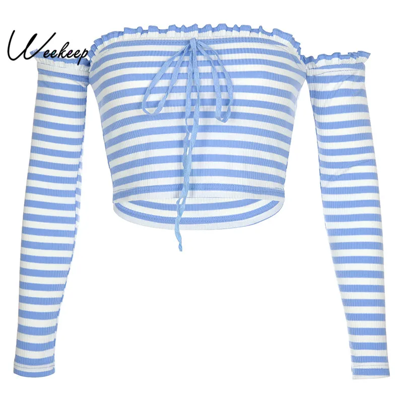 

Weekeep Cropped Bodycon Striped Slash Neck t shirt Women Spring Autumn Long Sleeve Sexy tshirt High Street tee shirt femme Tops