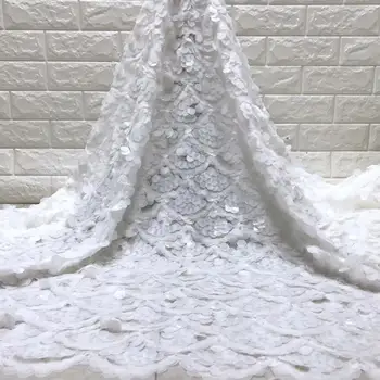 

African lace fabric 2019 flowers sequins embroidered tulle fabric white french net lace Nigerian fabrics for wedding dress